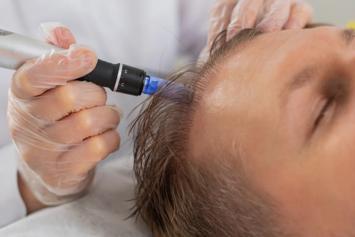 Scalp treatment along the hairline for hair restoration at Advanced Aesthetics, Medford and Braintree MA
